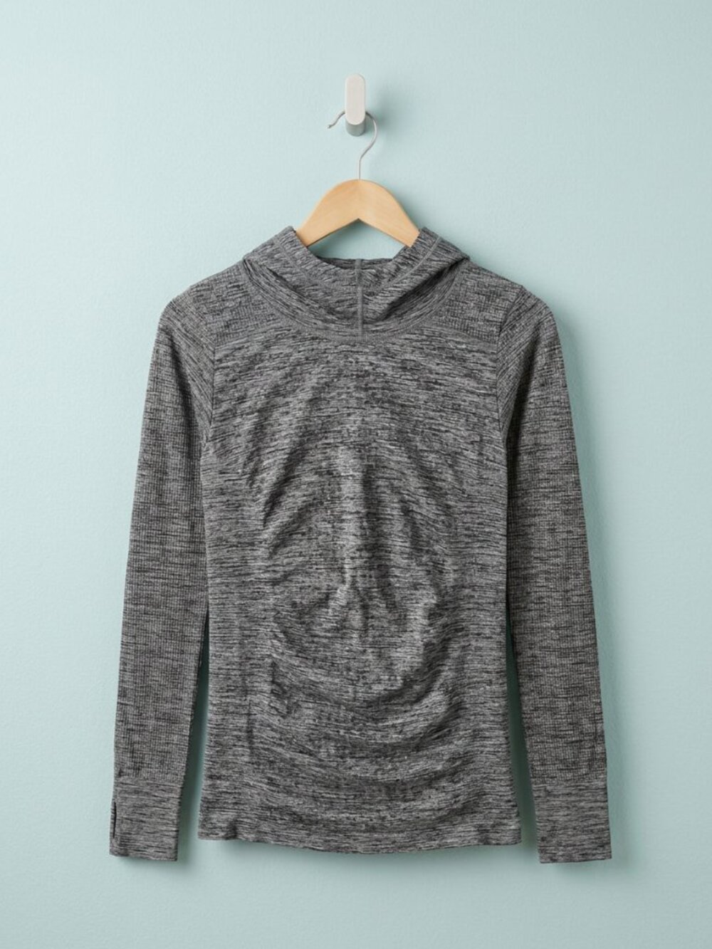 Athleta Gray Space-Dye Ruched Hooded Pullover Top Recycled Poly M